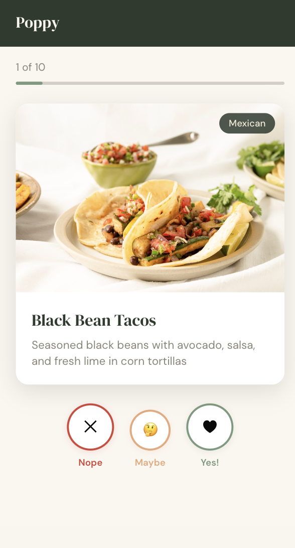 Family voting page with swipe cards for dinner options